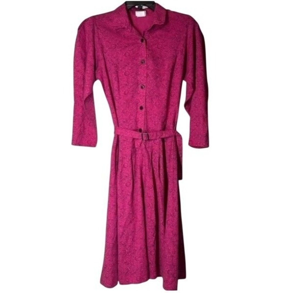 Vintage AVON Fashions Pink Rose Print Button Up Belted Midi Dress Womens‎ 11-12